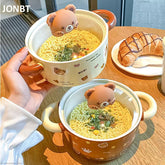 YICKYUE - Kawaii Bear Jumbo Ramen Bowl With Lid Kitchen Tableware Cute Japanese Ceramics Instant Noodles Fruit Salad Soup Bowl Gift 750ml