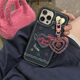 Korean Denim Embroidered Love Heart Phone Case For iphone 13 12 11 Pro XS Max XR X Pink Love Heart Pendant Soft Silicone Cover