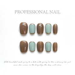 YICKYUE - 10 pcs Handmade Fake Nail Short Style Retro Brown Detachable False Nails Tips Reusable Press On Nails Coffin Manicure Art
