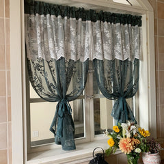 Yickyue American Pastoral Dark Green Short Curtain Coffee Half Curtain Double Lace Embroidered Sheer Curtain for Kitchen Cabinet Door
