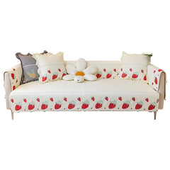 Frout Embroidered Strawberry White Sofa Cushion Pink Sweet Girlish Cotton Sofa Cape Home Lace Flower Couch Cushion Full Size Mat
