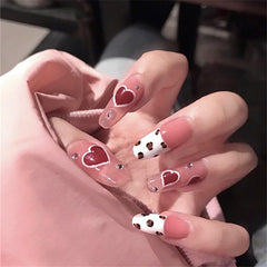 24pcs False Nails Cute Heart Shape Plaid Flame Design Fake Nails Wearable Detachable Long Manicure Art Tips Nail Art Y2K Style