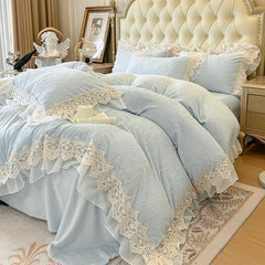 YICKYUE - 4Pcs Vintage French Romantic Lace Ruffles Carved Velvet Warm Winter Princess Bedding Set Duvet Cover Set Bed Sheet Pillowcases