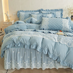 Yickyue Elegant Brushed 4pcs Bedding Set Queen King Size Lace Duvet Cover Set Quilted Bedspread with Ruffle Skirt and 2 Pillow Shams