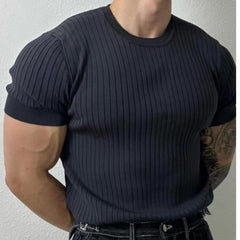 Hearujoy Summer New Men Thin Knitted T Shirts Slim Fit Elastic Short Sleeve O Neck Tee Fashion Solid Color Ribbed Muscle T-shirt Male