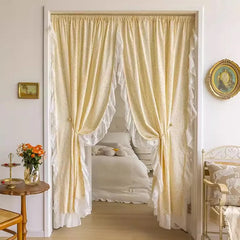 Light Yellow Daisy French Vintage Ruffle Lace Flower Semi Blackout Curtains Cotton Linen Window Door Cabinet Drapes for Bedroom