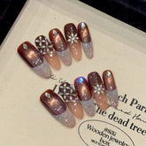 YICKYUE - 10pcs Luxury Handmade Long Oval Press on Nail Sparkling French Cat Eye Fake Nails Shiny Rhinestone Decor Coffee Color False Nail
