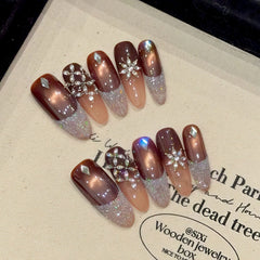 YICKYUE - 10pcs Luxury Handmade Long Oval Press on Nail Sparkling French Cat Eye Fake Nails Shiny Rhinestone Decor Coffee Color False Nail