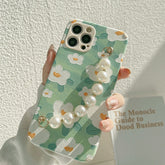 Mint Green Flower Pearl bracelet leather phone case for iphone 12 11 pro max mini 7 8 plus x xr xs max silicone cover capa