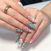 YICKYUE - 24pcs Summer New Almond Press on Nails Spring Flowers Pattern Green False Nails Patch Ins Sweet Bow Fake Nails Tips for Girls