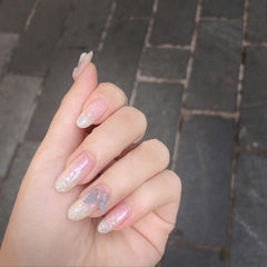 Solid Color Mirror Effect Nail Small Butterfly Coffin Nail Metallic Long White Curved Fake Nail Tips Adult Ballerina Nails
