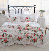 Yickyue Pastoral Red Rose Print Bedding Set Cotton Korean Style Ruffle Elegant Princess Lace Duvet Cover Bed Skirt Bedspread Pillowcases
