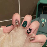 24pcs/box Fake Nails Press on Short Reusable Nails Set Dark Green Artificial Pink False Tipsy Stick-on Nails Tips Art
