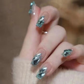 Gradient Blue False Nails French Long Press On Nails with Shiny Diamond Decor Fake Nails for Lady Bride Manicure Salon DIY Art
