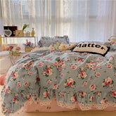 Yickyue 100% Cotton Vintage Rose Print Bedding Ruffle Zipper Duvet Cover Twin Double Queen Super Soft Bedding Women Girls Bedroom Decor