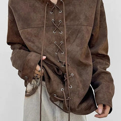 Hearujoy Vintage Heavy Weight PU Leather Jacket For Men Spring And Autumn Double Breasted Drawstring Long Sleeve Tops Outdoor Loose Coat