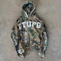 Hearujoy American style trendy letter embroidery camouflage pattern oversized hoodie men's Y2K street Harajuku loose zipper sweatshirt