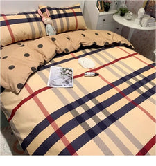 Yickyue 100%Cotton Bedding Set Luxury Brown Plaid Stripe Pattern Pillow Cover Sheet Quilt Cover Boys'/ girls' Bedroom Queen King Twin