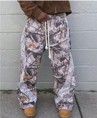 Hearujoy Y2K Pants Men Women Harajuku Leaf Graphic Printed Striped Camouflage Sweatpants Gothic Casual Elastic Waist High Waist Trousers