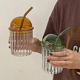 YICKYUE - Simple Striped Glass Straw Cup with Cute Lid,Juice Bubble Water Cup,Heat-resistant Coffee Cup,Colorful Drinking Cup Water Bottle