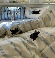 YICKYUE - Fashion cute cartoon cat bedding set,twin full queen blue stripes black cotton home textile bed sheet pillow case quilt cover