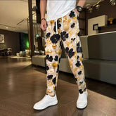 Hearujoy Vintage Tie Dye Ink Painting Casual Pants Men Ethnic Style Flower Pattern Lightweight Ice Silk Straight Leg Trousers Summer