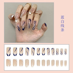 24Pcs/Box Almond Round Wavy False Nails Detachable Stiletto Fake Nails Full Cover French Ballerina Nail Tips Press on Nail Art