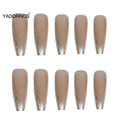 Fake Nail Patch Long Square Head Nails Gold Glitter Ballet False Nail Finished Nail Piece 24PCS Glue Type Best Gifts TY