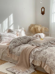 Yickyue Four-Piece French Summer Plant Printing Cooling Silk Skating Vintage Lace 1.8M Quilt Cover Home Textile Finished Product Fashion