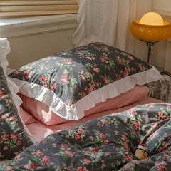 Yickyue Korean Princess Style Lotus Leaf Lace Pillowcase 100% Cotton Plant Floral Cushion Cover Bed Head Pillow Cover Home Deco