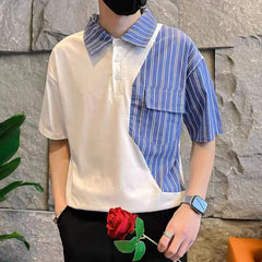 Hearujoy Fashion Stripe Patchwork Polo Shirts For Men Short sleeve Tee Tops Summer Trendy Contrast Color Fake Two Polos Tshirts Clothing