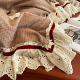 Yickyue Korean Princess Pure Cotton Yarn Bedding Set with Lace Edge Winter Thickened Warm Plaid Ruffled Edge Duvet Cover Sets Soft 4pcs