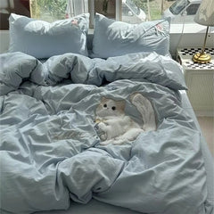 YICKYUE - Simple Ins Washed Cotton Four-piece Solid Color Appliqued Cloth Embroidered Bedding Set Bed Cover Set Dormitory Bed Sheet 3pc