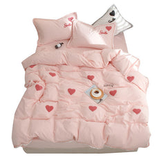 Sweet All Cotton Washed Cotton Four-Piece Embroidered Pure Cotton Bed Sheet Duvet Cover Girl's Heart Princess Style Pink Bedding
