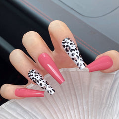 Yickyue Pink Leopard Wave Designs False Nails French Long Coffin Fake Nail Fashion Artificial Full Cover Nail Art Tips Press on Nail