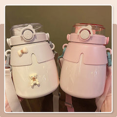 1000ml Cute Water Thermal Bottle Stainless Steel Thermos Bottle Coffee Tea Drink Bottle Keeps Cold Heat Tumbler With Straw Gourd