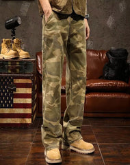 Hearujoy Vintage Multi-pocket Camouflage Cargo Pants For Men High Street Y2k Loose Straight Trousers Spring Autumn Washed Denim Jeans