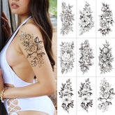 Black Sketch Floral Temporary Tattoo Female Girl Black Rose Skull Flower Tattoo Sticker Half Sleeve Tattoo