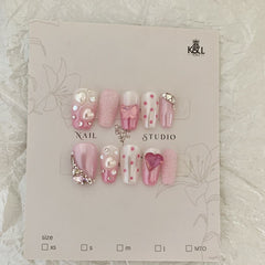 YICKYUE - Handmade Wearbale Fake Nail Methyldopamine Ins Style Short Press On Nail Cute Senior Hot Girl Desgin Byself Plastic Flash Pearl