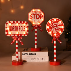 YICKYUE - LED Christmas Lamp Santa Stop Here Street Sign Xmas Wooden Desktop Ornaments Light 2024 Christmas Home Decoration New Year Gifts