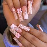 YICKYUE - 24pcs long French fake nails, ballet girl style pink bow fake nails, water drop snow glitters cross line completely covered fake