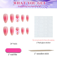 YICKYUE - 24pcs of almond pointed nail powder blusher bow false nail piece nail enhancement, including 1 piece of jelly glue and 1strip