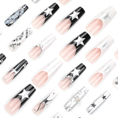 YICKYUE - Punk Cool Fake Nails Y2k Sliver Star Crystal Crocodile Pattern Press on Nails Long Coffin Heavy Metal French False Nails