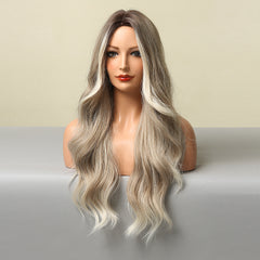 YICKYUE - European and American fashion split large wave light and thin natural mixed color light gray full head wig for women wigs
