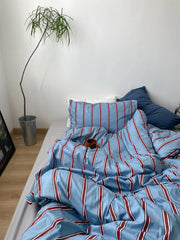 Yickyue New 100% Cotton Blue Bedding Set Luxury Simple Striped Bed Sheet Quilt Cover Pillow Case Bed Hat Fashion Design 2.0m/1.2m Bed
