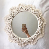 Boho Macrame Mirror Round Decorative Mirrors Aesthetic Room Decor Hanging Wall Mirror for Bedroom Living Room House Decoration