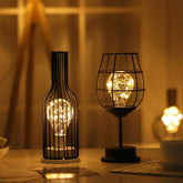 Iron LED Night Light Art Minimalist Table Lamp Battery Hollow Winebottle Shape Lamp Vintage Night Lamp For Bedroom Bedside Light