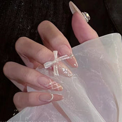 YICKYUE - 10Pcs French Handmade Press on Nails Almond Fake Nails with Bow Wearable Stick-on Nails False Nail Накладные Ногти 네일팁