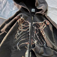 Hearujoy 90s Streetwear Men Hoodie Y2k Skull Korean Harajuku Y2k Zip Up Texture Hooded Sweatshirt Casual Fashion Long Sleeve Vintage Pocket Sweatshirt