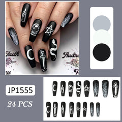 Press On Nails Free Shipping 24PCS Long Nail Tips Design Black Graffiti Sweet Style Full Coverage Nails Fake Long Fingernail